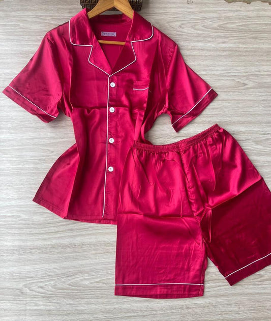 Luxurious 2-Piece Silk Short-Hand Pyjamas Set(Wine)