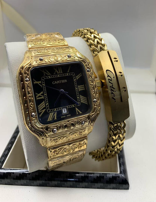Élégance Duo – Cartier-Inspired Chain Watch & Bracelet Set