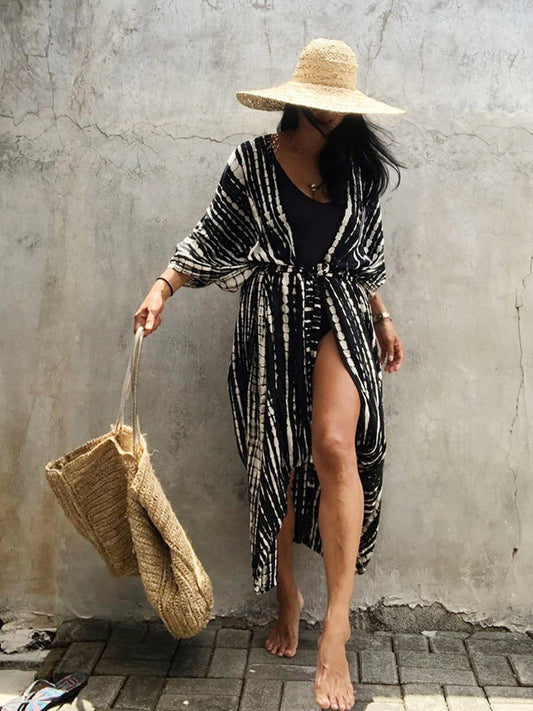 Fitshinling Summer Vintage Kimono Swimwear Halo Dyeing Beach Cover Up With Sashes Oversized